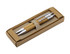 A bamboo pen and pencil set in silver and natural wood, presented in a cardboard box with a twine wrap.