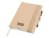 A large A5 notepad in natural tones with a pen attached and a logo on the cover.