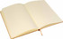 An open A5 notebook with lined pages, featuring a tan cover and a ribbon bookmark.