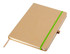 A brown A5 notebook with a green elastic band, featuring a ribbon bookmark and a logo on the cover.