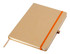 An A5 notebook in a kraft finish with an orange elastic band closure and a ribbon bookmark. Features a logo.