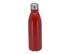 A drink bottle in vibrant red with a silver metal lid and a sleek, contoured design, featuring a logo.