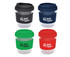 A set of reusable coffee cups in black, green, red, and clear, each with a silicone band and a logo.