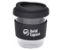 A reusable coffee cup in clear with a black silicone sleeve and a black lid, featuring a logo.