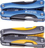 A multi-tool with blue and grey colour options, featuring various tools and a branding logo.