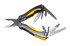 A multi-tool with pliers and various tools, featuring a grey and yellow design. It includes knives and a saw.