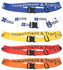 Multiple luggage straps in blue, white, yellow, orange, and red, each featuring black clips and a logo.