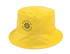 A yellow bucket hat featuring a logo, designed for headwear use.