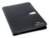 A black leather zip portfolio featuring a silver closure and branding on the front. Suitable for office use.