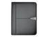A black leather A4 zip portfolio featuring a sleek design and metal accent, equipped with a logo.