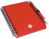 A red notepad with a spiral binding and a matching red pen, featuring a logo on the front cover.