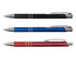 A selection of three pens: a black, a blue, and a red pen, each with silver detailing and a clip.