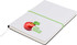 A white A5 notepad with a green elastic band, featuring a red apple graphic and a logo.