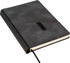 A black and grey A5 notebook with a textured cover and a black elastic closure. It features a ribbon bookmark.