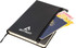 A black A5 notebook with dark grey trim, featuring a zip pocket holding a passport and currency.