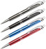 A set of four metal pens in black, blue, red, and silver, featuring textured grips and a logo.