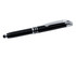 A black stylus pen with a shiny silver clip and accents, featuring a touch tip at the end.