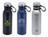 A drink bottle collection featuring a black, blue, and silver vacuum flask, each with a cap and a logo.