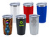 A set of six travel mugs in various colours including white, red, blue, silver, black, and a patterned design. Each mug has a lid and one contains a logo.