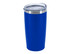 A blue double wall travel mug with a clear lid and stainless steel rim, featuring a logo on the side.