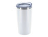 A double wall travel mug in white with a clear lid and a metal rim. Features a logo.