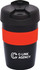 A travel mug featuring a black body with a red band and a lid, displaying a logo on the front.