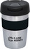 A double wall travel mug in stainless steel with a black silicone grip and lid, featuring a logo.
