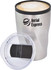 A double wall travel mug in stainless steel with a clear lid and a logo on the front.