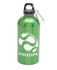 A drink bottle in shiny green stainless steel with a black cap and a carabiner clip, featuring a logo.