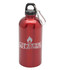 A drink bottle in shiny red with a metal cap and a carabiner, featuring a logo.