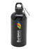 A drink bottle in black stainless steel with a carabiner and a logo on the side.