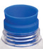 A drink bottle with a clear body and blue lid, featuring a ridged design and a branding logo.