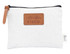 A white fabric earphone pouch with a leather tag and a logo. The pouch features a zipper closure.