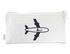 A cream toiletry pouch featuring a black airplane graphic and a logo, with a zip closure.
