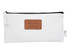 A white toiletry pouch with a brown logo patch, featuring a black zip and side tab.