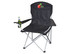 A black folding chair with silver frame, featuring a drink holder and a logo on the backrest.