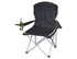 A black folding chair with armrests and a drink holder, featuring a silver frame. It has a logo on the chair.