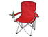 A red folding chair with armrests and a drink bottle holder, featuring a silver frame. It has a logo on the fabric.