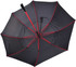 A black auto golf umbrella with red accents, displaying an inverted view showcasing its ribs and canopy.