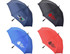 A collection of Deluxe 30 auto golf umbrellas in black, blue, red, and grey, featuring various logos.