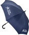 A navy blue umbrella featuring a J handle and a logo on the canopy.