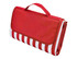 A red and white striped picnic rug, folded, featuring a handle for easy carrying and a logo.