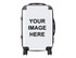 A wheeled carry-on suitcase in white with black accents and a logo. Features a handle and wheels for easy transport.