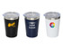 A drink bottle trio featuring black, navy, and white travel mugs, each with a lid and branding.