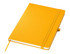 A yellow A5 notebook featuring a textured cover, an elastic band, and a ribbon bookmark. It includes branding.
