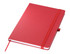 A red A5 notebook with a textured cover and an elastic band closure. It has a bookmark ribbon.