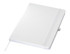 A white A5 notebook with a matching elastic band and a ribbon bookmark, featuring a logo on the cover.