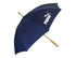 A navy umbrella with a wooden handle and branding on the canopy.