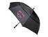A black RPET golf umbrella featuring a logo, designed for leisure and outdoor activities.