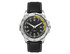 A sports watch featuring a black leather strap, stainless steel case, and a black dial with yellow accents.